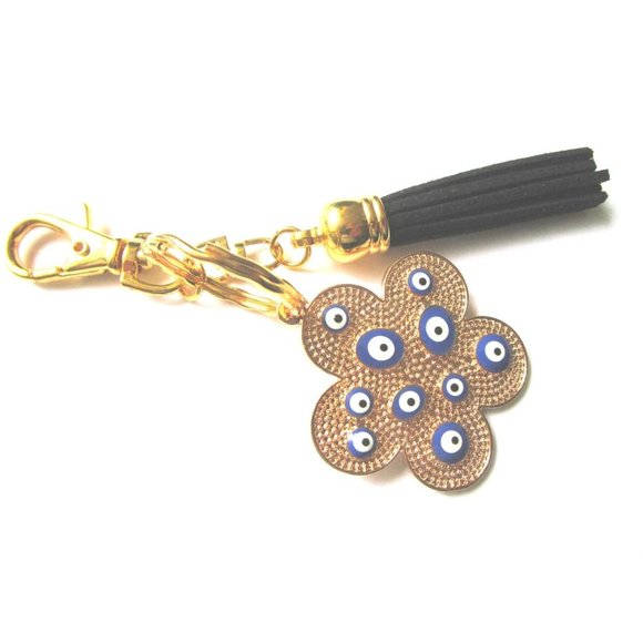 Gold tone blue evil eye flower charm key chain black leather tassel purse charm - Picture 4 of 10